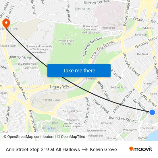 Ann Street Stop 219 at All Hallows to Kelvin Grove map
