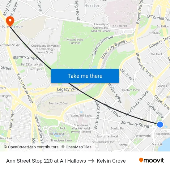 Ann Street Stop 220 at All Hallows to Kelvin Grove map