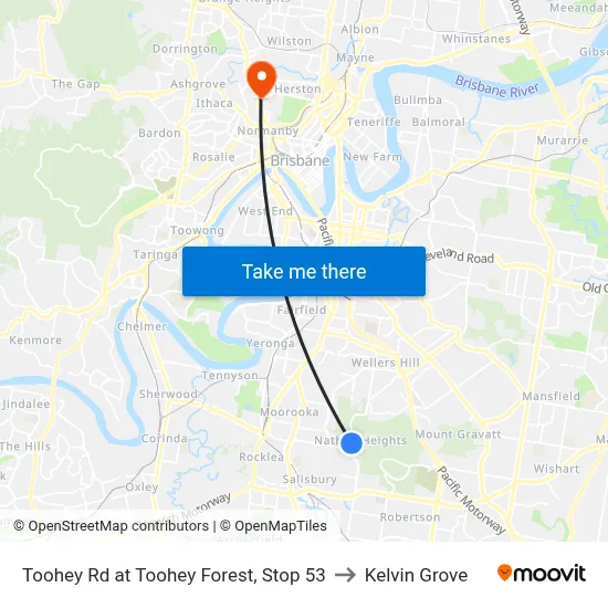 Toohey Rd at Toohey Forest, Stop 53 to Kelvin Grove map