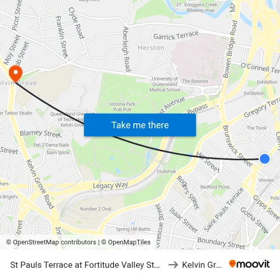 St Pauls Terrace at Fortitude Valley Stop 232 to Kelvin Grove map