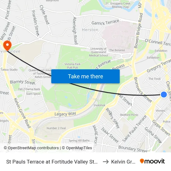 St Pauls Terrace at Fortitude Valley Stop 240 to Kelvin Grove map