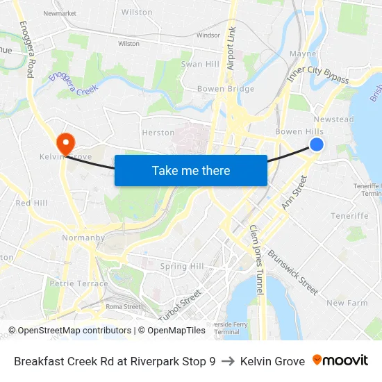 Breakfast Creek Rd at Riverpark Stop 9 to Kelvin Grove map