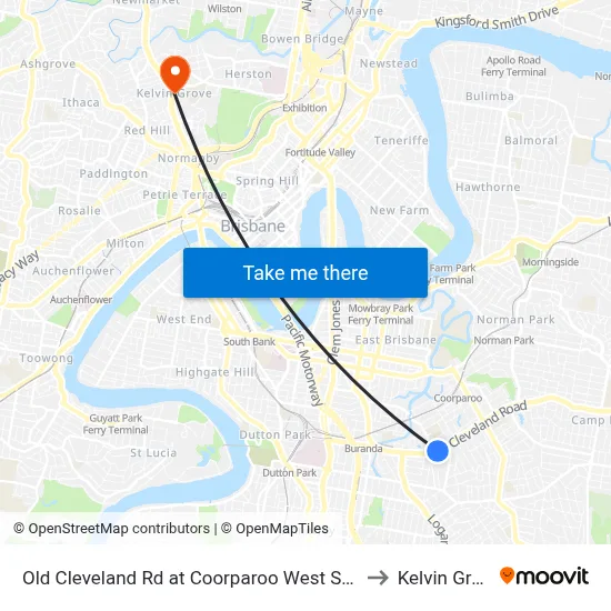 Old Cleveland Rd at Coorparoo West Stop 19 to Kelvin Grove map