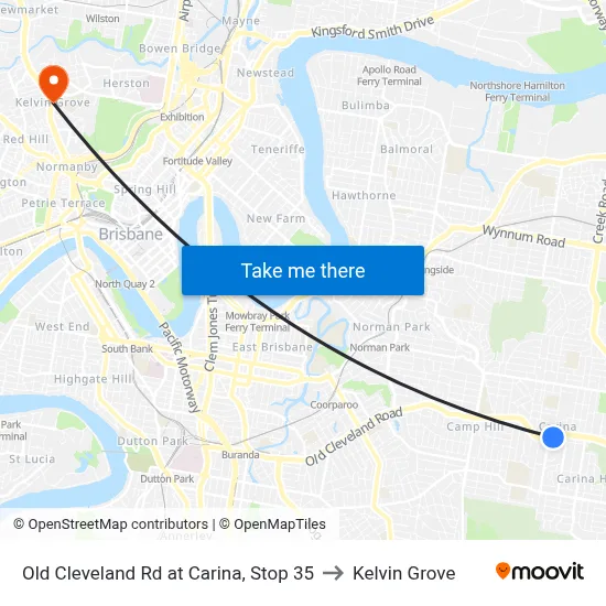 Old Cleveland Rd at Carina, Stop 35 to Kelvin Grove map