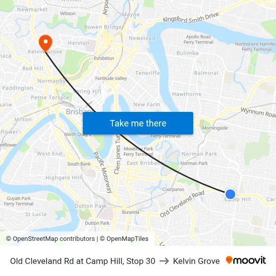 Old Cleveland Rd at Camp Hill, Stop 30 to Kelvin Grove map