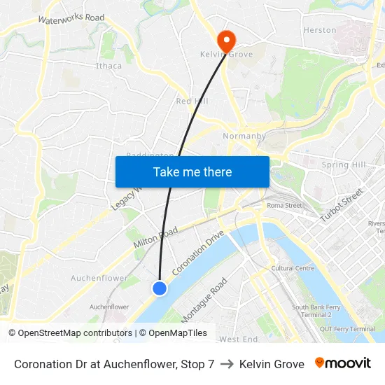 Coronation Dr at Auchenflower, Stop 7 to Kelvin Grove map