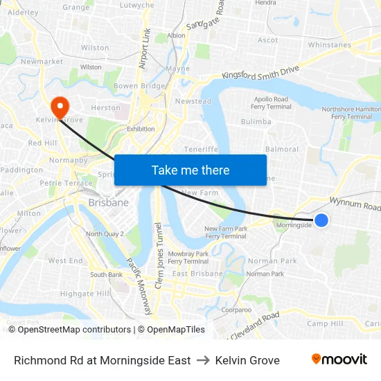 Richmond Rd at Morningside East to Kelvin Grove map