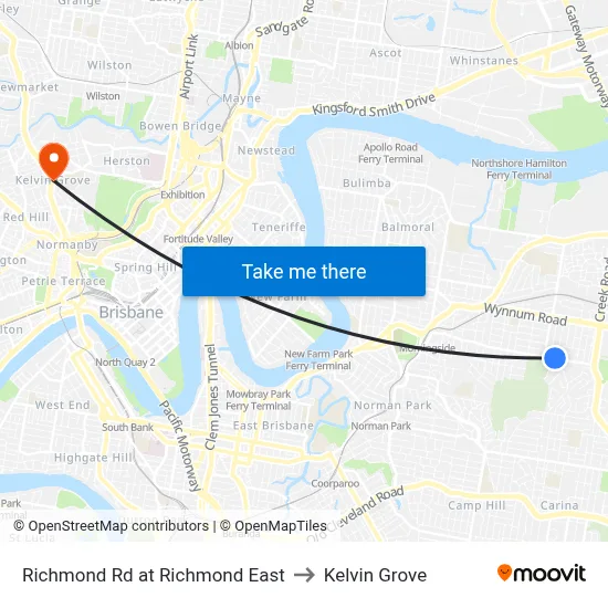 Richmond Rd at Richmond East to Kelvin Grove map