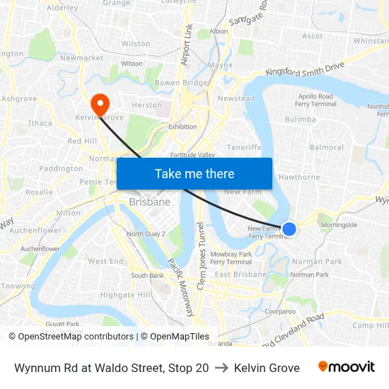 Wynnum Rd at Waldo Street, Stop 20 to Kelvin Grove map