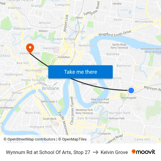 Wynnum Rd at School Of Arts, Stop 27 to Kelvin Grove map