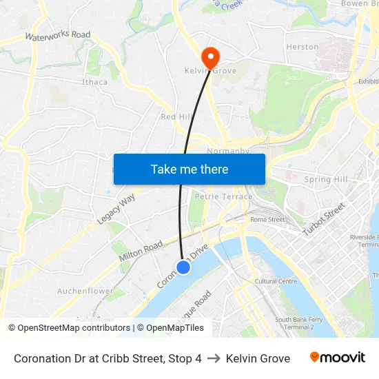 Coronation Dr at Cribb Street, Stop 4 to Kelvin Grove map
