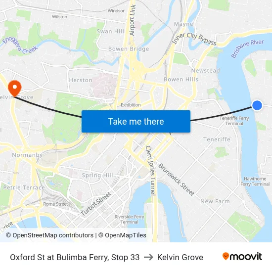 Oxford St at Bulimba Ferry, Stop 33 to Kelvin Grove map