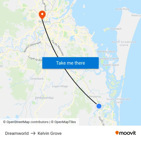 Dreamworld to Kelvin Grove map