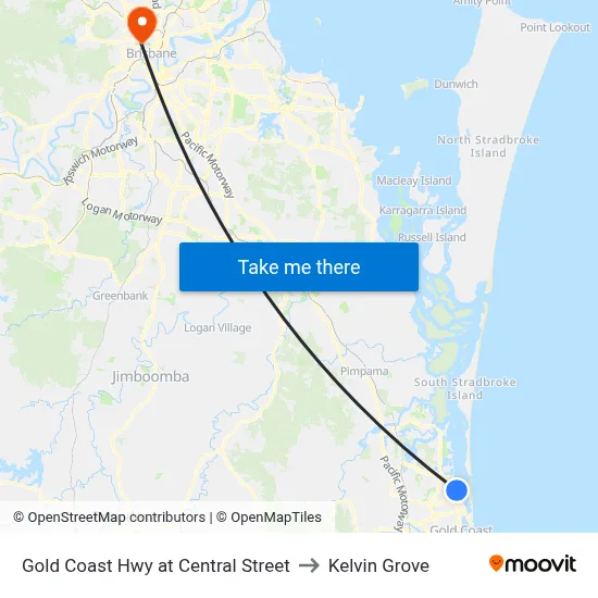 Gold Coast Hwy at Central Street to Kelvin Grove map