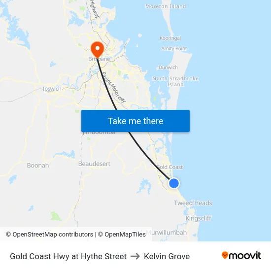 Gold Coast Hwy at Hythe Street to Kelvin Grove map
