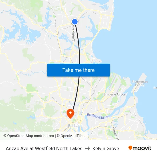 Anzac Ave at Westfield North Lakes to Kelvin Grove map