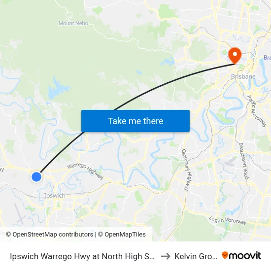 Ipswich Warrego Hwy at North High Street to Kelvin Grove map