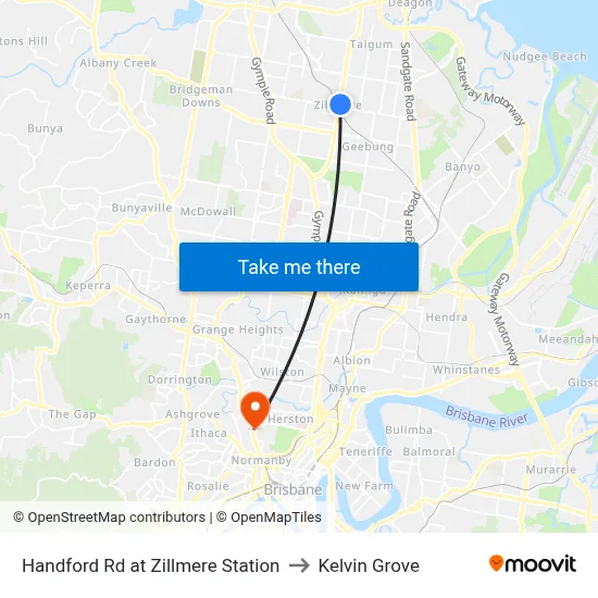 Handford Rd at Zillmere Station to Kelvin Grove map