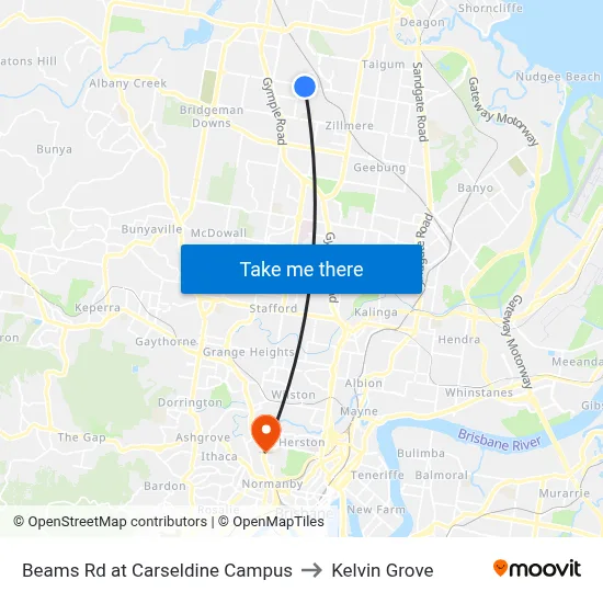 Beams Rd at Carseldine Campus to Kelvin Grove map