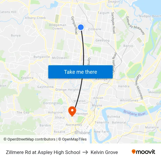 Zillmere Rd at Aspley High School to Kelvin Grove map