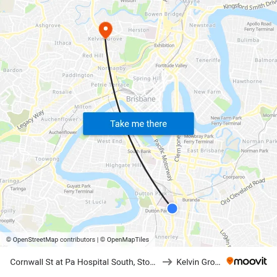 Cornwall St at Pa Hospital South, Stop 1 to Kelvin Grove map