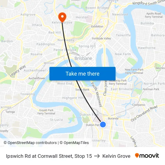 Ipswich Rd at Cornwall Street, Stop 15 to Kelvin Grove map
