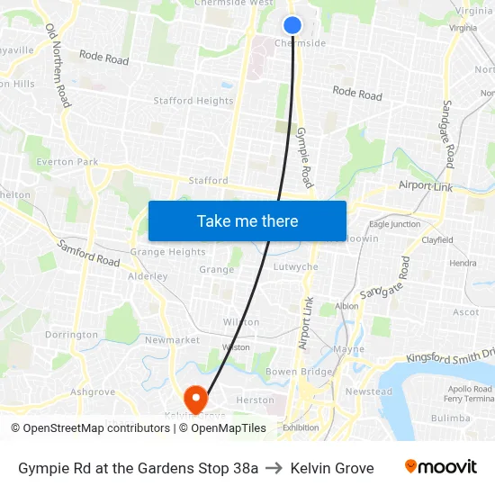 Gympie Rd at the Gardens Stop 38a to Kelvin Grove map