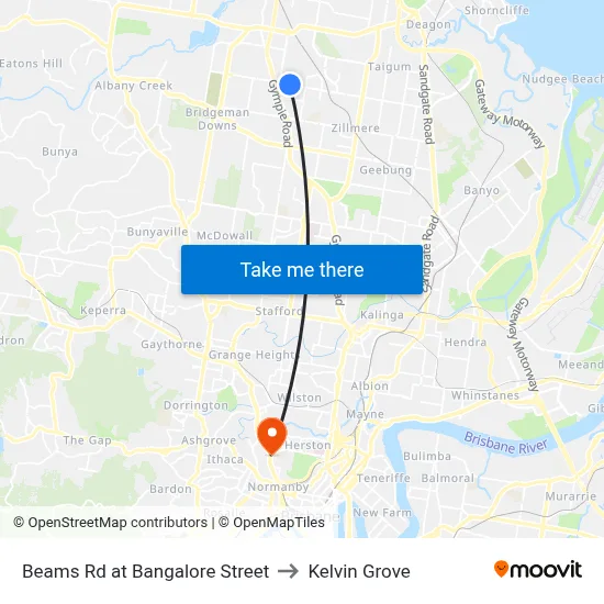 Beams Rd at Bangalore Street to Kelvin Grove map