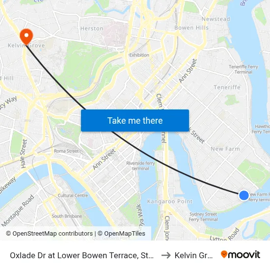 Oxlade Dr at Lower Bowen Terrace, Stop 19 to Kelvin Grove map