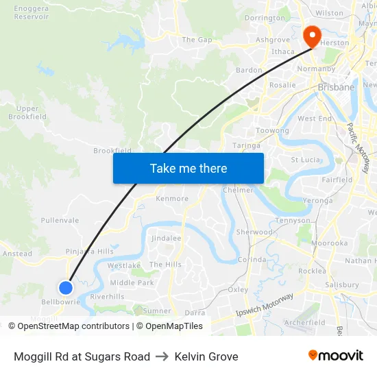 Moggill Rd at Sugars Road to Kelvin Grove map
