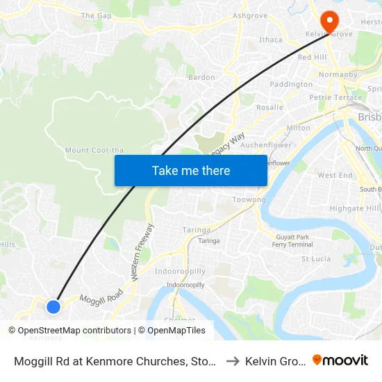 Moggill Rd at Kenmore Churches, Stop 35 to Kelvin Grove map