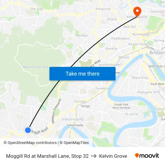 Moggill Rd at Marshall Lane, Stop 32 to Kelvin Grove map