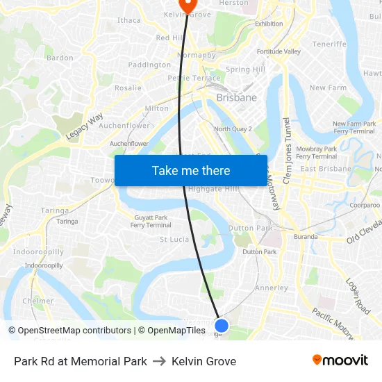Park Rd at Memorial Park to Kelvin Grove map
