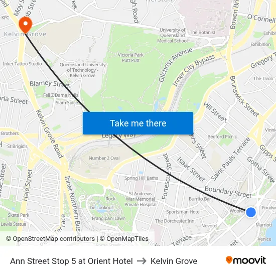 Ann Street Stop 5 at Orient Hotel to Kelvin Grove map