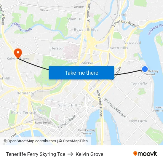Teneriffe Ferry Skyring Tce to Kelvin Grove map