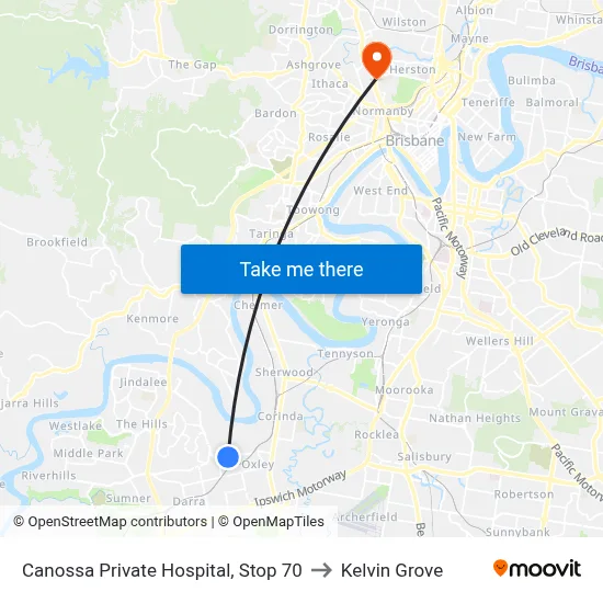 Canossa Private Hospital, Stop 70 to Kelvin Grove map