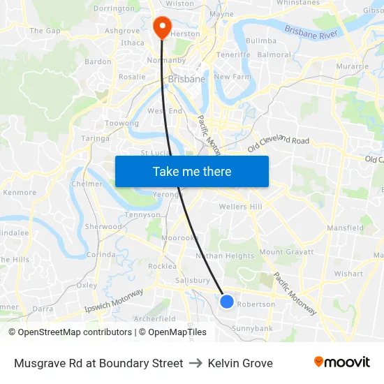 Musgrave Rd at Boundary Street to Kelvin Grove map