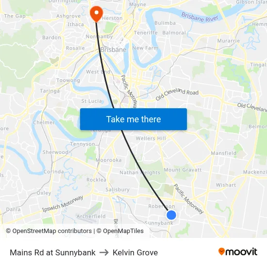 Mains Rd at Sunnybank to Kelvin Grove map