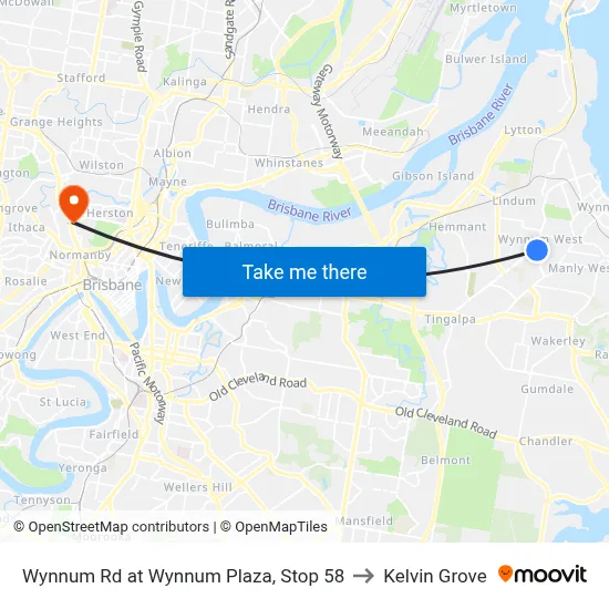 Wynnum Rd at Wynnum Plaza, Stop 58 to Kelvin Grove map