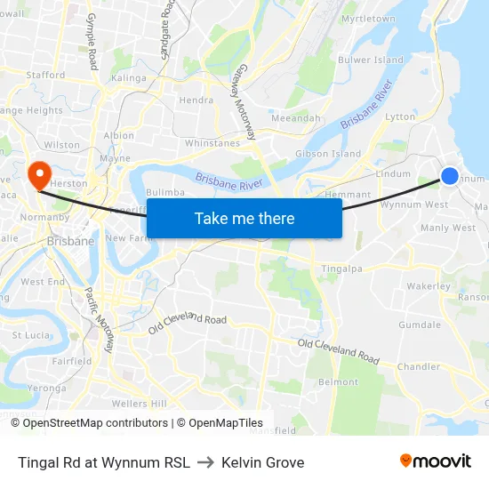Tingal Rd at Wynnum RSL to Kelvin Grove map