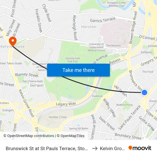 Brunswick St at St Pauls Terrace, Stop 5 to Kelvin Grove map
