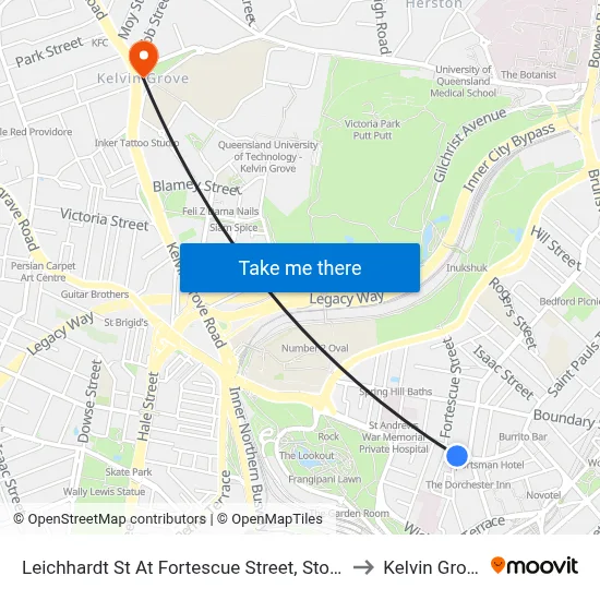 Leichhardt St At Fortescue Street, Stop 1 to Kelvin Grove map