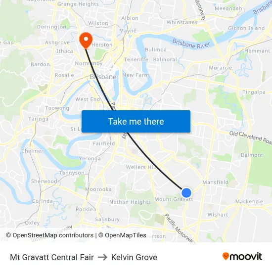 Mt Gravatt Central Fair to Kelvin Grove map