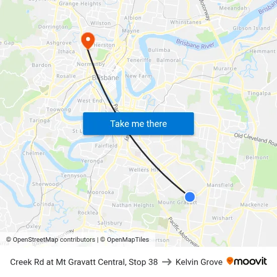 Creek Rd at Mt Gravatt Central, Stop 38 to Kelvin Grove map