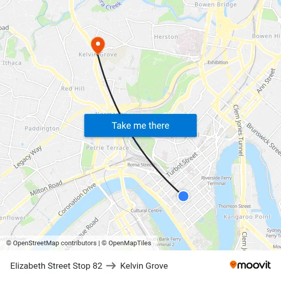 Elizabeth Street Stop 82 to Kelvin Grove map