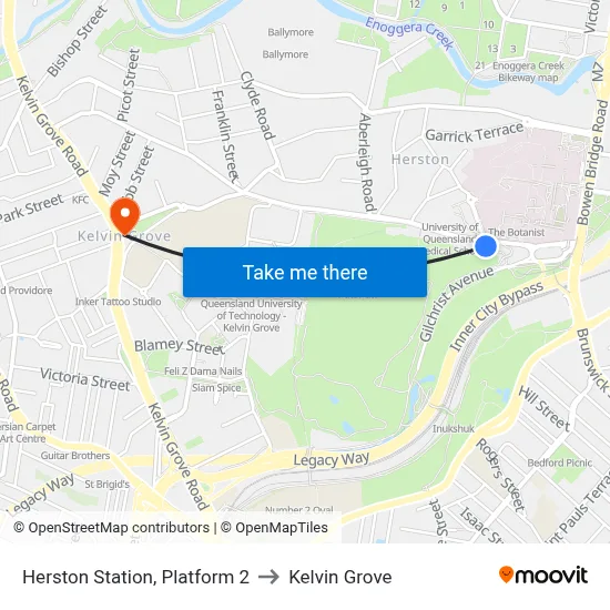 Herston Station, Platform 2 to Kelvin Grove map