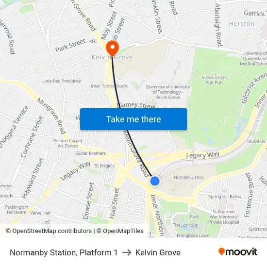 Normanby Station, Platform 1 to Kelvin Grove map