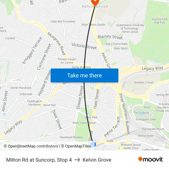Milton Rd at Suncorp, Stop 4 to Kelvin Grove map