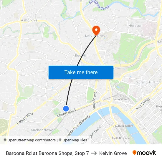 Baroona Rd at Baroona Shops, Stop 7 to Kelvin Grove map