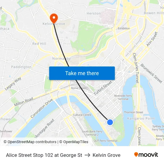 Alice Street Stop 102 at George St to Kelvin Grove map